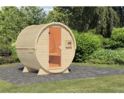 Fasssauna Karibu Rondi 1 ohne Ofen mit Holztüre und Isolierglas wärmegedämt