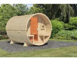 Fasssauna Karibu Rondi 2 ohne Ofen mit Holztüre und Isolierglas wärmegedämt