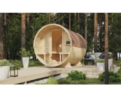 Fasssauna Karibu Rondi 2 ohne Ofen mit Holztüre und Isolierglas wärmegedämt