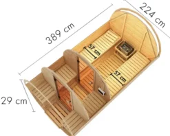 Fasssauna Karibu Rondi 3 ohne Ofen mit Holztüre und Isolierglas wärmegedämt
