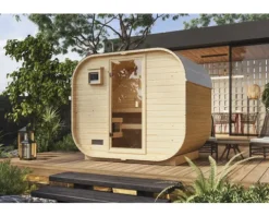 Fasssauna Karibu Quadrado 1 Plus B: 242.5 cm 9 kW Bio Ofen und externer Steuerung mit bronzierter Ganzglastüre