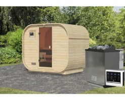 Fasssauna Karibu Quadrado 1 Plus B: 242.5 cm 9 kW Bio Ofen und externer Steuerung mit bronzierter Ganzglastüre