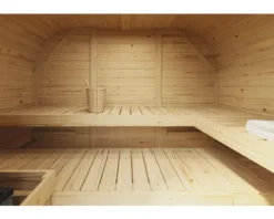 Fasssauna Karibu Quadrado 1 Plus B: 242.5 cm 9 kW Bio Ofen und externer Steuerung mit bronzierter Ganzglastüre
