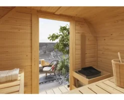Fasssauna Karibu Quadrado 1 Plus B: 242.5 cm 9 kW Bio Ofen und externer Steuerung mit bronzierter Ganzglastüre