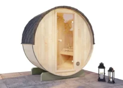 FinnTherm Comfort Set Fasssauna Mini XXS Fasssauna 3 Sitzbänke aus Holz, Sauna mit 42 mm Wandstärke Außensauna, Naturbelassen 2x1,3m
