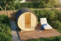 FinnTherm Comfort Set Fasssauna Mini XXS Fasssauna 3 Sitzbänke aus Holz, Sauna mit 42 mm Wandstärke Außensauna, Naturbelassen 2x1,3m