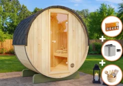 FinnTherm Comfort Set Fasssauna Mini XXS Fasssauna 3 Sitzbänke aus Holz, Sauna mit 42 mm Wandstärke Außensauna, Naturbelassen 2x1,3m