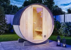 FinnTherm Comfort Set Fasssauna Mini XXS Fasssauna 3 Sitzbänke aus Holz, Sauna mit 42 mm Wandstärke Außensauna, Naturbelassen 2x1,3m
