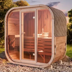 FinnTherm Fasssauna Ellipso M Fasssauna 4 Sitzbänke aus Holz Sauna mit 42 mm Wandstärke, Außensauna mit Montagematerial