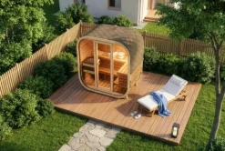 FinnTherm Fasssauna Ellipso M Fasssauna 4 Sitzbänke aus Holz Sauna mit 42 mm Wandstärke, Außensauna mit Montagematerial