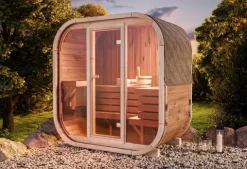 FinnTherm Fasssauna Ellipso M Fasssauna 4 Sitzbänke aus Holz Sauna mit 42 mm Wandstärke, Außensauna mit Montagematerial