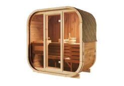 FinnTherm Fasssauna Ellipso M Fasssauna 4 Sitzbänke aus Holz Sauna mit 42 mm Wandstärke, Außensauna mit Montagematerial