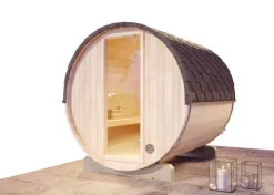 FinnTherm Fasssauna Mini S Fasssauna 2 Sitzbänke aus Holz, Sauna mit 42 mm Wandstärke, Außensauna mit Montagematerial, Naturbelassen 2x2,2m