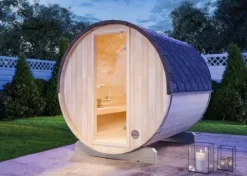 FinnTherm Fasssauna Mini S Fasssauna 2 Sitzbänke aus Holz, Sauna mit 42 mm Wandstärke, Außensauna mit Montagematerial, Naturbelassen 2x2,2m