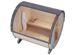 FinnTherm Fasssauna Mini S Fasssauna 2 Sitzbänke aus Holz Sauna mit 42 mm Wandstärke, Außensauna mit Montagematerial 2x2,2m