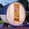 FinnTherm Fasssauna Mini XS Fasssauna 2 Sitzbänke aus Holz, Sauna mit 42 mm Wandstärke, Außensauna mit Montagematerial, Naturbelassen 2x1,6m