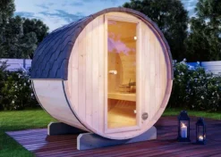 FinnTherm Fasssauna Mini XS Fasssauna 2 Sitzbänke aus Holz, Sauna mit 42 mm Wandstärke, Außensauna mit Montagematerial, Naturbelassen 2x1,6m