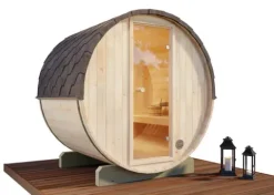 FinnTherm Fasssauna Mini XS Fasssauna 2 Sitzbänke aus Holz, Sauna mit 42 mm Wandstärke, Außensauna mit Montagematerial, Naturbelassen 2x1,6m