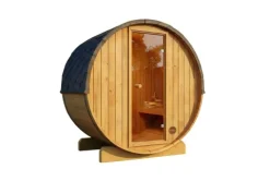 FinnTherm Fasssauna Mini XXS Fasssauna 2 Sitzbänke aus Holz Sauna mit 42 mm Wandstärke, Außensauna mit Montagematerial 2x1,3m
