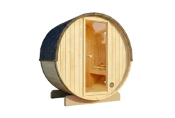 FinnTherm Fasssauna Mini XXS Fasssauna 2 Sitzbänke aus Holz, Sauna mit 42 mm Wandstärke, Außensauna mit Montagematerial, Naturbelassen 2x1,3m