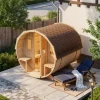 FinnTherm Fasssauna Sam Fasssauna 2 Sitzbänke aus Holz, Sauna mit 42 mm Wandstärke, Außensauna mit Montagematerial, Naturbelassen