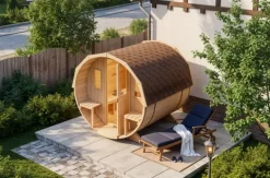 FinnTherm Fasssauna Sam Fasssauna 2 Sitzbänke aus Holz, Sauna mit 42 mm Wandstärke, Außensauna mit Montagematerial, Naturbelassen