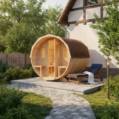 FinnTherm Fasssauna Sam Fasssauna 2 Sitzbänke aus Holz, Sauna mit 42 mm Wandstärke, Außensauna mit Montagematerial, Naturbelassen