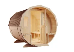 FinnTherm Fasssauna Sam Fasssauna 2 Sitzbänke aus Holz, Sauna mit 42 mm Wandstärke, Außensauna mit Montagematerial, Naturbelassen