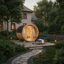 FinnTherm Fasssauna Sam Fasssauna 2 Sitzbänke aus Holz, Sauna mit 42 mm Wandstärke, Außensauna mit Montagematerial, Naturbelassen