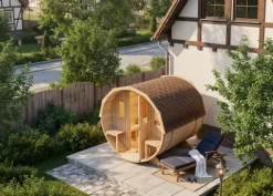 FinnTherm Fasssauna Sam Fasssauna 2 Sitzbänke aus Holz, Sauna mit 42 mm Wandstärke, Außensauna mit Montagematerial, Naturbelassen