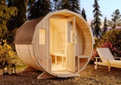 FinnTherm Fasssauna Sam Fasssauna 2 Sitzbänke aus Holz, Sauna mit 42 mm Wandstärke, Außensauna mit Montagematerial, Naturbelassen
