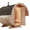 FinnTherm Fasssauna Samantha Fasssauna 2 Sitzbänke aus Holz, Sauna mit 42 mm Wandstärke, Außensauna mit Montagematerial, Naturbelassen