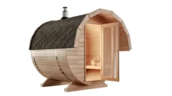 FinnTherm Fasssauna Samantha Fasssauna 2 Sitzbänke aus Holz, Sauna mit 42 mm Wandstärke, Außensauna mit Montagematerial, Naturbelassen