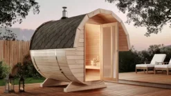 FinnTherm Fasssauna Samantha Fasssauna 2 Sitzbänke aus Holz, Sauna mit 42 mm Wandstärke, Außensauna mit Montagematerial, Naturbelassen