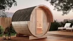 FinnTherm Fasssauna Samantha Fasssauna 2 Sitzbänke aus Holz, Sauna mit 42 mm Wandstärke, Außensauna mit Montagematerial, Naturbelassen
