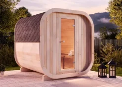 FinnTherm Fasssauna ScandiCube Comfort Fasssauna 2 Sitzbänke aus Holz, Sauna mit 42 mm Wandstärke, Außensauna mit Montagematerial ohne Fenster, Naturbelassen 2,1x2,3m