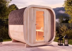 FinnTherm Fasssauna ScandiCube Comfort Fasssauna 2 Sitzbänke aus Holz, Sauna mit 42 mm Wandstärke, Außensauna mit Montagematerial ohne Fenster, Naturbelassen 2,1x2,3m