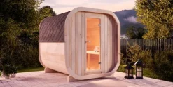 FinnTherm Fasssauna ScandiCube Comfort Fasssauna 2 Sitzbänke aus Holz, Sauna mit 42 mm Wandstärke, Außensauna mit Montagematerial ohne Fenster, Naturbelassen 2,1x2,3m