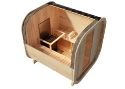 FinnTherm Fasssauna ScandiCube Comfort Fasssauna 2 Sitzbänke aus Holz, Sauna mit 42 mm Wandstärke, Außensauna mit Montagematerial mit 2 Fenstern, Naturbelassen 2,1x2,3m