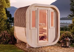 FinnTherm Fasssauna ScandiCube Mini XS Fasssauna 2 Sitzbänke aus Holz Sauna mit 42 mm Wandstärke, Außensauna mit Montagematerial mit 2 Fenstern 2x1,6m