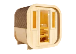FinnTherm Fasssauna ScandiCube Mini XS Fasssauna 2 Sitzbänke aus Holz Sauna mit 42 mm Wandstärke, Außensauna mit Montagematerial mit 2 Fenstern 2x1,6m