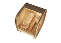 FinnTherm Fasssauna ScandiCube Mini XS Fasssauna 2 Sitzbänke aus Holz Sauna mit 42 mm Wandstärke, Außensauna mit Montagematerial mit 2 Fenstern 2x1,6m
