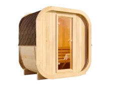 FinnTherm Fasssauna ScandiCube Mini XXS Fasssauna 1 Sitzbänke aus Holz, Sauna mit 42 mm Wandstärke, Außensauna mit Montagematerial ohne Fenster, Naturbelassen 2x1,3m