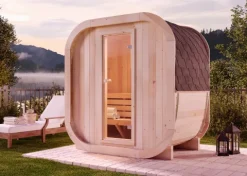 FinnTherm Fasssauna ScandiCube Mini XXS Fasssauna 1 Sitzbänke aus Holz, Sauna mit 42 mm Wandstärke, Außensauna mit Montagematerial ohne Fenster, Naturbelassen 2x1,3m