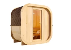 FinnTherm Fasssauna ScandiCube Mini XXS Fasssauna 1 Sitzbänke aus Holz, Sauna mit 42 mm Wandstärke, Außensauna mit Montagematerial ohne Fenster, Naturbelassen 2x1,3m