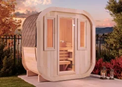 FinnTherm Fasssauna ScandiCube Mini XXS Fasssauna 1 Sitzbänke aus Holz, Sauna mit 42 mm Wandstärke, Außensauna mit Montagematerial mit 2 Fenstern, Naturbelassen 2x1,3m