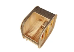 FinnTherm Fasssauna ScandiCube Mini XXS Fasssauna 1 Sitzbänke aus Holz, Sauna mit 42 mm Wandstärke, Außensauna mit Montagematerial mit 2 Fenstern, Naturbelassen 2x1,3m