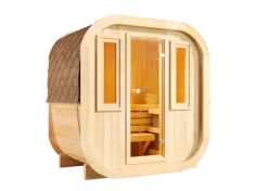 FinnTherm Fasssauna ScandiCube Mini XXS Fasssauna 1 Sitzbänke aus Holz, Sauna mit 42 mm Wandstärke, Außensauna mit Montagematerial mit 2 Fenstern, Naturbelassen 2x1,3m