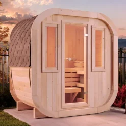 FinnTherm Fasssauna ScandiCube Mini XXS Fasssauna 1 Sitzbänke aus Holz, Sauna mit 42 mm Wandstärke, Außensauna mit Montagematerial mit 2 Fenstern, Naturbelassen 2x1,3m