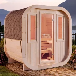 FinnTherm Fasssauna ScandiCube Mini XS Fasssauna 2 Sitzbänke aus Holz, Sauna mit 42 mm Wandstärke, Außensauna mit Montagematerial mit 2 Fenstern, Naturbelassen 2x1,6m